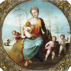 Beccafumi - Caridad amamantando a un niño y rodeado de tres niños jugando con un perro y caballos de tiro, ca. 1525 (recortado)