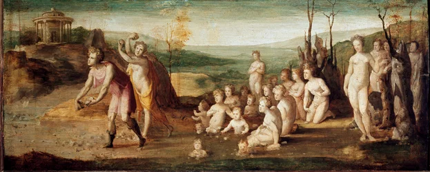 Deucalión y Pirra. Personajes de la mitología griega que arrojan piedras de las que nacen seres humanos después del diluvio. Pintura de Domenico Beccafumi (1486-1551), hacia 1525-1530. Madera. Dimensiones: 53 x 134 cm. Italia, Florencia, Fundación Horne