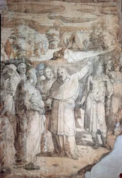 Historia de Moisés en el monte Sinaí: los hebreos esperan el regreso de Moisés. Dibujo preparatorio para el pavimento de la catedral de Siena. Fechas de vida del artista: 1486-1551. Italia, Siena, Pinacoteca Nacional (Siena, Pinacoteca Nazionale).
