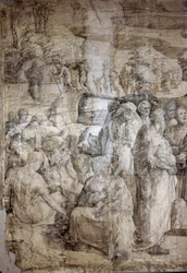 Historia de Moisés en el monte Sinaí: los hebreos esperan el regreso de Moisés. Dibujo preparatorio para el pavimento de la catedral de Siena. Fechas de vida del artista: 1486-1551. Italia, Siena, Pinacoteca Nacional (Siena, Pinacoteca Nazionale).