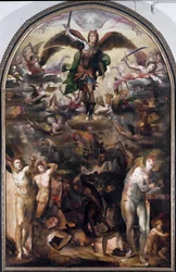 San Miguel persiguiendo a los ángeles rebeldes (La caída de los ángeles rebeldes). Pintura de Domenico Beccafumi (1486-1551)