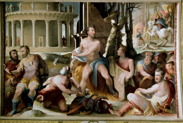 El sacrificio de Codro, rey de Atenas. En la guerra contra los dorios, el último rey legendario de Atenas, Codro (Codrus o Kodros), murió tras saber por un oráculo que la victoria correspondería al pueblo cuyo líder fuera asesinado. Fresco de Domenico d