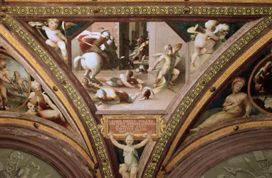 El suicidio de Catón de Útica (Marcus Porcius Cato Uticensis), o Catón el Joven (95-46 a.C.) Fresco de Domenico di Giacomo di Pace conocido como Beccafumi (1486-1551) 1524-1530 Dim. 100x130 cm Siena, Palazzo Casini Casuccini