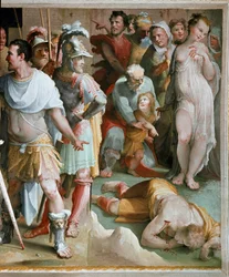 El asesinato del rico plebeyo romano Spurius Maelius (siglo V a. C.). Detalle. Fresco de Domenico di Giacomo di Pace, llamado Beccafumi (1486-1551), 1529-1535, Siena, Palazzo Pubblico