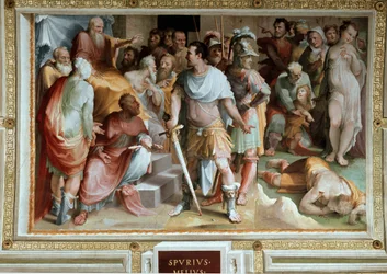 El asesinato del rico plebeyo romano Espurio Melio (siglo V a. C.). Fresco de Domenico di Giacomo di Pace, llamado Beccafumi (1486-1551), 1529-1535. Siena, Palazzo Pubblico