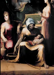 El nacimiento de la Virgen. Detalle que muestra a una criada con la recién nacida. Fechas de vida del artista: 1486-1551, hacia 1540-1543. Dimensiones: 233x145 cm. Italia, Siena, Pinacoteca Nacional (Siena, Pinacoteca Nazionale).