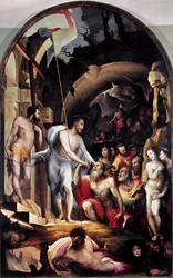 El descenso de Cristo al limbo. Sostiene una bandera blanca con una cruz roja, símbolo de la Resurrección