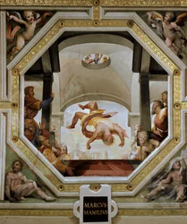 La caída de Marco Manlio Capitolino, cónsul de Roma, desde la Ciudadela del Capitolio durante la invasión gala de 390 a. C. Fresco de Domenico di Giacomo di Pace, llamado Beccafumi (1486-1551), 1529-1530, Siena, Palazzo Casini Casuccini