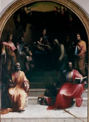 La boda mística de Santa Catalina de Siena y los santos. Se representan: San Pedro, San Segismundo, San Bernardino de Siena, Santo Domingo de Guzmán, Santa Catalina de Alejandría, San Pablo