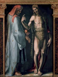 Tríptico de la Trinidad, (detalle) panel izquierdo: San Cosme y San Juan Bautista