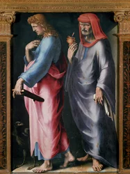 Tríptico de la Trinidad, (detalle) panel derecho (San Juan Evangelista y San Damián)