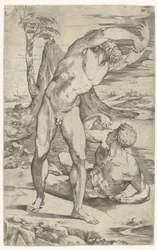 Dos hombres desnudos en un paisaje.