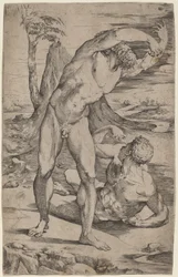 Dos desnudos masculinos gesticulando en un paisaje