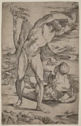 Dos desnudos masculinos gesticulando en un paisaje