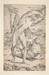 dos hombres desnudos en un paisaje