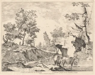 Paisaje con pastora y rebaño en un abrevadero