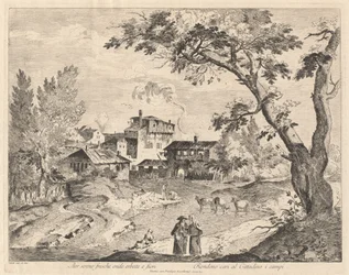 Aldea rústica junto a un río con viajeros