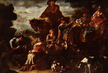 Campesinos de camino al mercado con una niña ordeñando una cabra