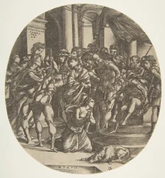 Figura femenina Santa Catalina arrodillada en el suelo en el centro suplicando a una figura masculina, 1517