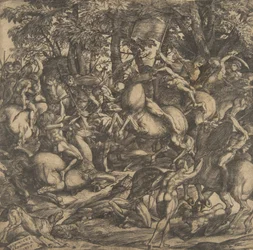 Grupo de hombres desnudos en batalla en un paisaje boscoso, algunos a caballo, un perro en lo..., 1517