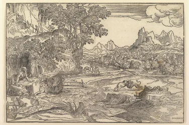 Paisaje con San Jerónimo a la izquierda mirando hacia león y oso peleando en el centro..., ca. 1530-35