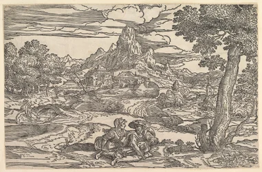 Paisaje con una mujer sentada junto a un hombre tocando una zanfona