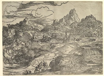 Paisaje con familia caminando junta en primer plano, a la izquierda dos figuras con..., ca. 1535-40