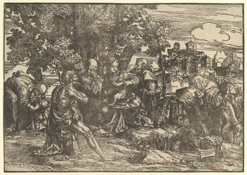 María sentada bajo los árboles con el bebé, flanqueada por José a la izquierda y San Jerónimo a la derecha, San..., 1517