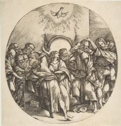El Espíritu Santo como un pájaro descendiendo con las alas extendidas en el centro superior, los doce apóstoles..., 1518