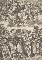 La Virgen en el centro superior en las nubes con las manos juntas y el pie derecho levantado, rodeada, 1517