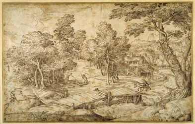 Paisaje boscoso con una granja y un puente de madera sobre una esclusa