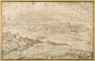 Paisaje boscoso con un río serpenteante; en la distancia una ciudad, una mezcla de agujas y cúpulas con ruinas antiguas