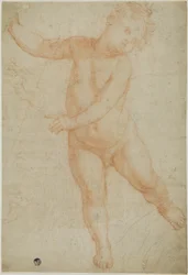 Putto en posición de firmes sobre la pierna derecha (anverso); esbozo de un brazo drapeado (reverso)