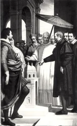 Miguel Ángel (1475-1564) presentando un modelo de la cúpula de San Pedro al Papa Pablo IV (1476-1559)