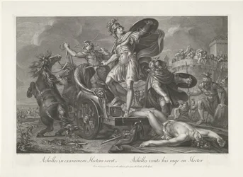 Aquiles arrastra el cadáver de Héctor detrás de su carro. Achilles in exanimem Hectora saevit / Achilles descarga su ira sobre Héctor (título sobre objeto)