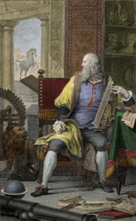 Representación del pintor y escultor Leonardo de Vinci (1452-1519) en su taller Grabado de Domenico Cunego (1726-1803)