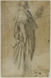 Mago de pie (recto); Boceto de establo y árboles (verso)