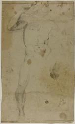 Desnudo masculino de pie (recto); Dos figuras masculinas de medio cuerpo, una con el brazo levantado, la otra rezando (verso)