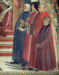 San Francisco recibiendo la Regla de la Orden del Papa Honorio, escena del ciclo de la Vida de San Francisco de Asís, 1486 (detalle)