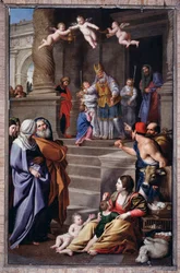 Representación de San Tomás de Villanueva haciendo caridad