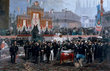 Ceremonia de colocación de la primera piedra de la Galería Victor Emmanuel II en Milán, 7 de marzo