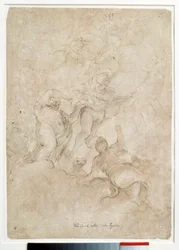 Júpiter confía a Baco a Mercurio. Dibujo con lavado marrón y sangre por Domenico Canuti (1620-1684) París. Museo del Louvre
