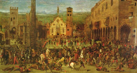 Expulsión de los Bonacolsi por Luis Gonzaga en 1328, en la Piazza Sordello, Mantua