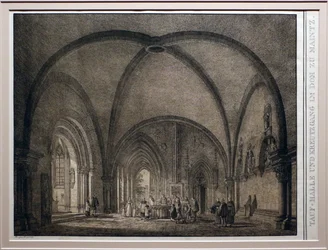 Domenico quaglio II, pila bautismal y claustro de la catedral de Maguncia, de la colección de edificios medievales memorables de Alemania, 1823, litografía