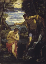 Bapteme du Christ - El Bautismo de Cristo - Tintoretto, Domenico (1560-1635) - ca 1585 - Óleo sobre lienzo - 137x105 - Museo del Prado, Madrid