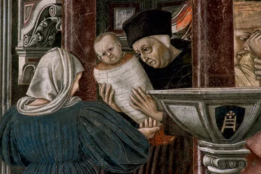 Historia del hospital: "" Vista del orfanato de Santa Maria della scala en Siena "" el matrimonio de un joven huérfano. Detalle que representa el abandono del huérfano al nacer. Fresco de Domenico di Bartolo (1400/1404-1445/47) en la Sala de los Peregrinos