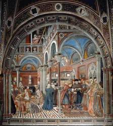 Vista del orfanato de Santa Maria della Scala en Siena. A la izquierda, las nodrizas cuidan a los niños abandonados; a la derecha, una mujer embarazada obligada a casarse. Fresco de Domenico di Bartolo (activo entre 1428 y 1447) Spedale di Santa Maria dell