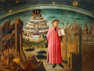 Divina Comedia, por Dante Alighieri (1265-1321), por Domenico di Michelino (1417-1491), fresco, Basílica de Santa María del Fiore, Florencia, Italia