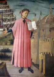 Italia, región de Toscana, Florencia, catedral, retrato de Dante Alighieri, Florencia y alegoría de la Divina Comedia de Domenico di Michelino