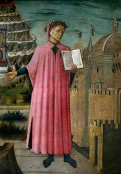 El poeta italiano Dante Alighieri (1265-1321) presenta su obra La divina comedia (La divina commedia). Detalle. Fresco de Domenico di Michelino (1417-1491), Catedral de Santa María del Fiore, Florencia. (Duomo, Florencia), Italia